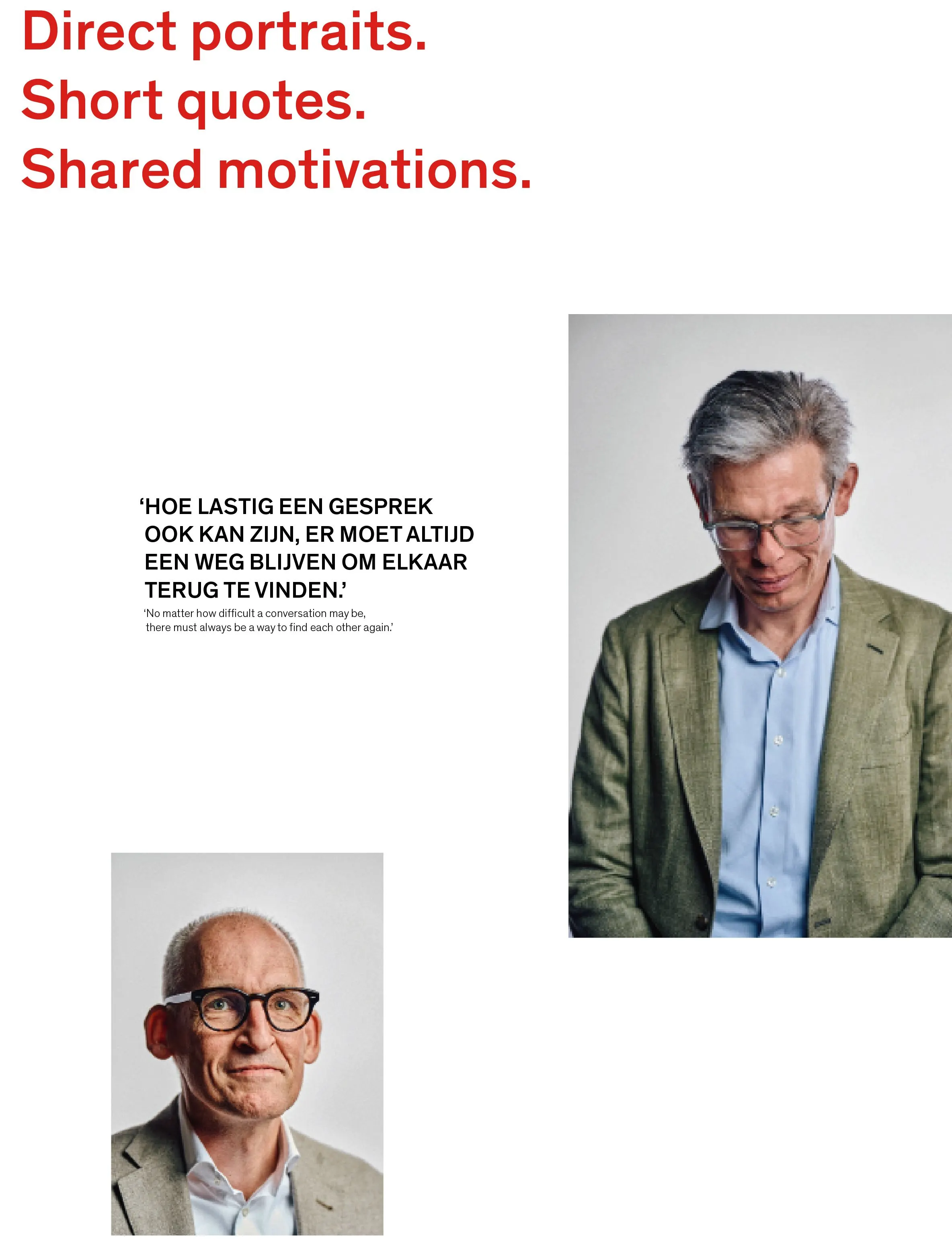 Page with the text 'Portraits. Quotes. Shared motivations.' and two portraits of men, with a Dutch quote about conversation