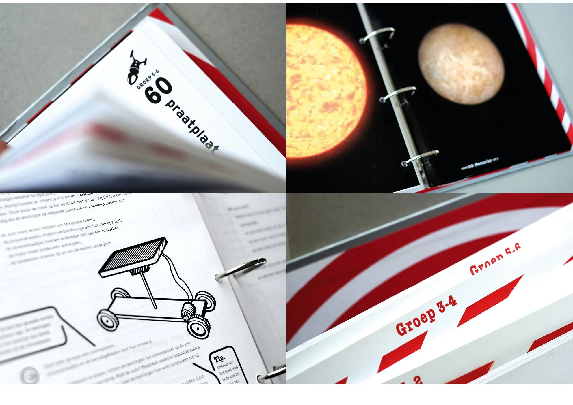 Four close-ups of binder pages and red-white striped dividers with a sun, a planet, a drawing of a rover and ‘Groep 3-4’
