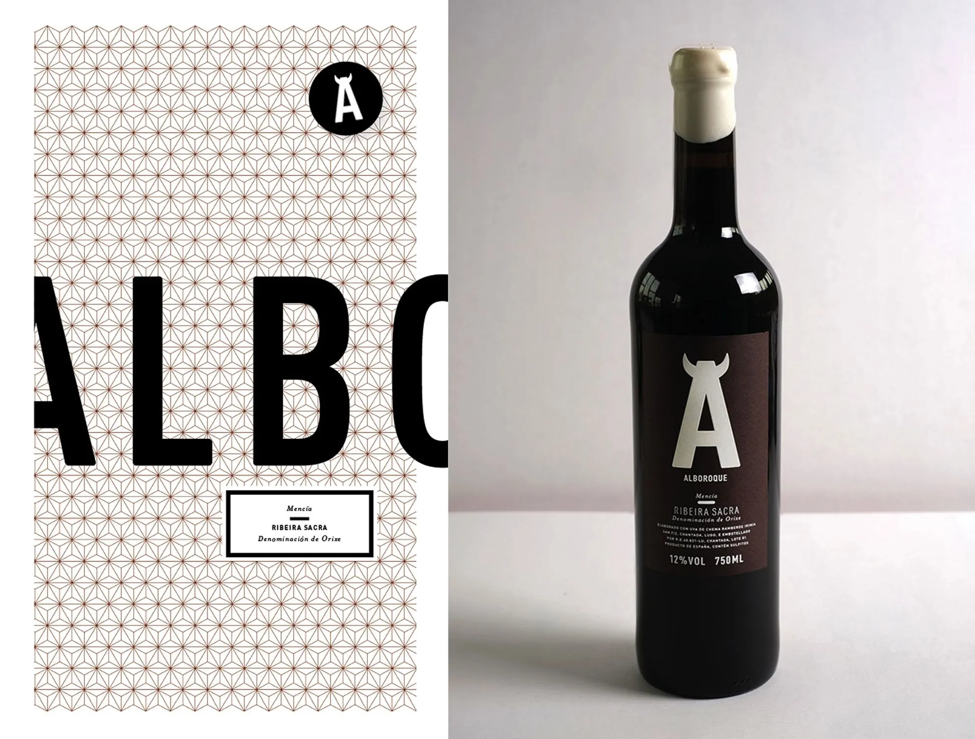 Alboroque packaging: a large 'ALBO' letterform on a patterned wrapper beside a dark Ribeira Sacra Mencía wine bottle