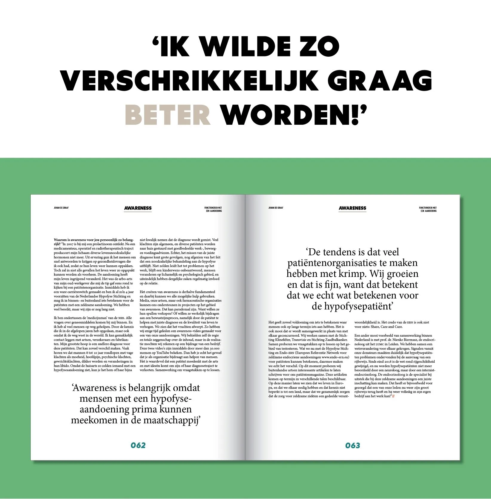 Page with the quote Ik wilde zo verschrikkelijk graag beter worden above a HERMAN spread on a green background