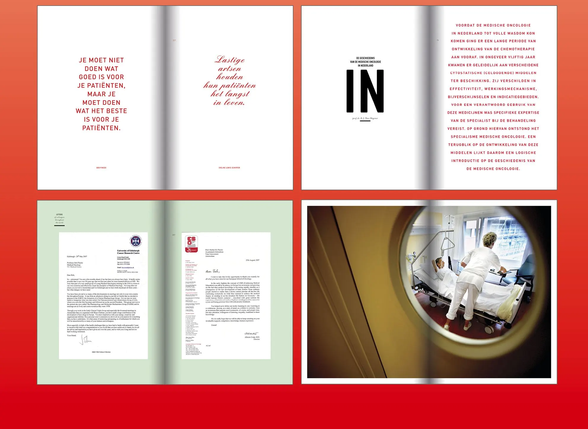 Four book spreads with red pull quotes, an IN chapter initial, letters on green paper and a nurse in a hospital room