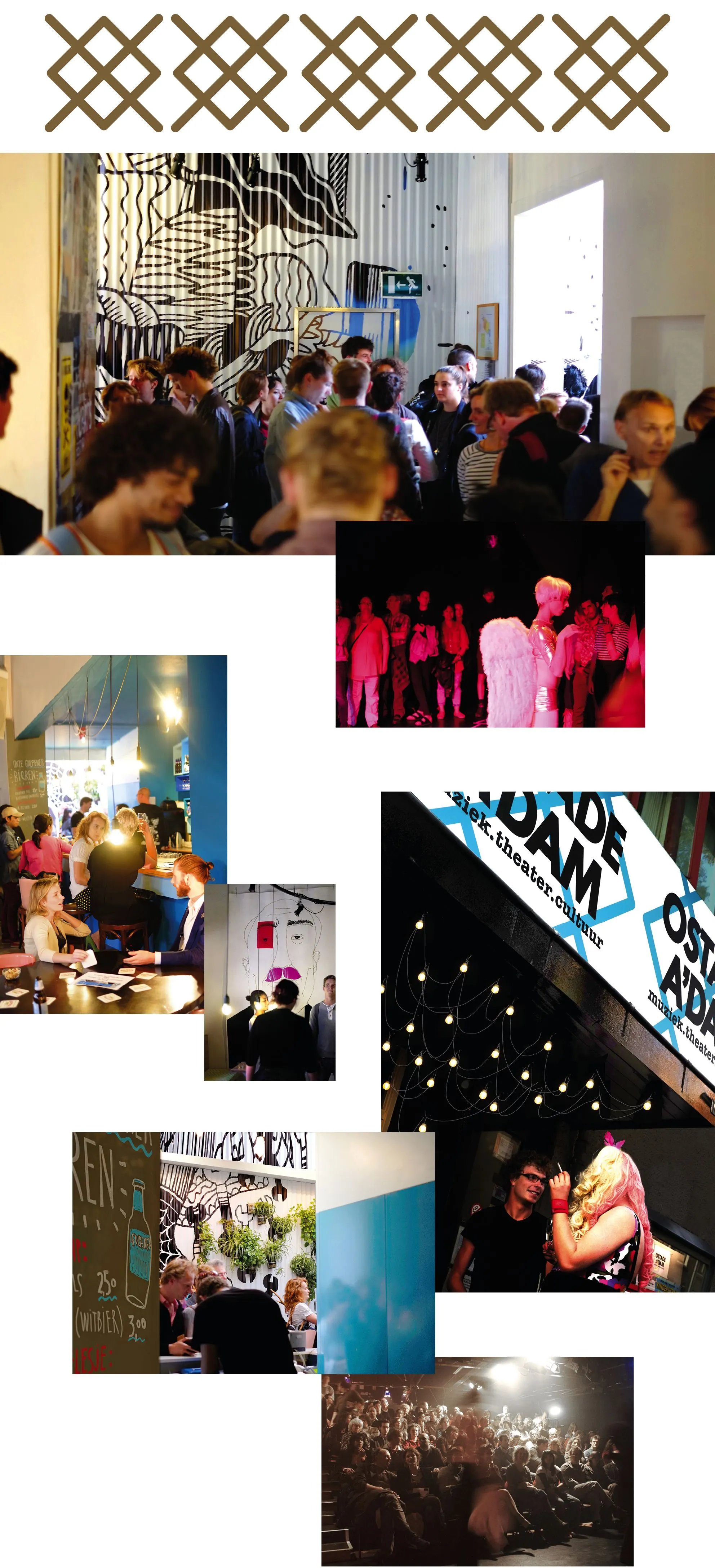 Collage of photographs of audiences and performances at Ostade a'dam under a strip of golden cross pattern