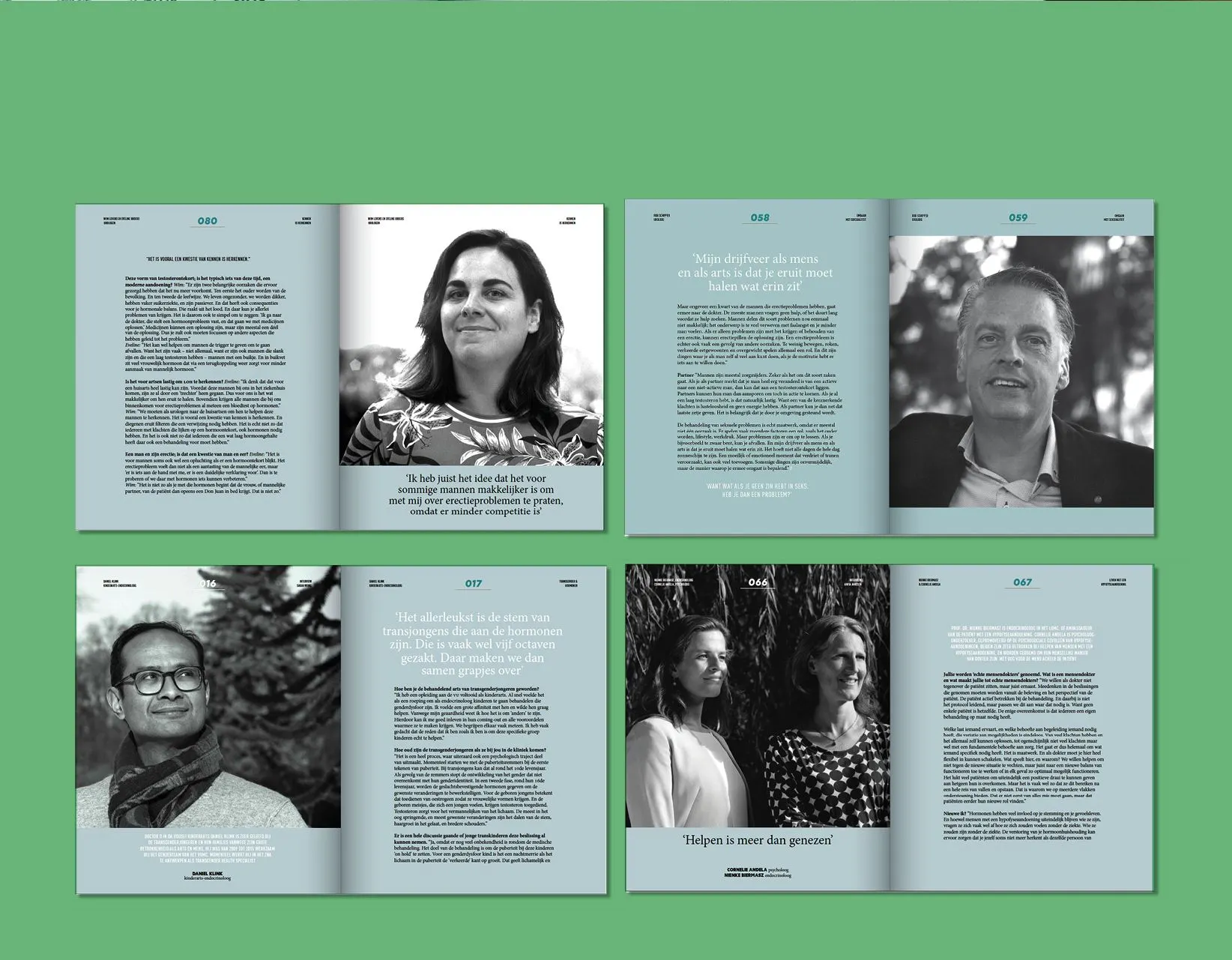 Four HERMAN spreads on a green background, each with a black and white portrait of a different person and their interview