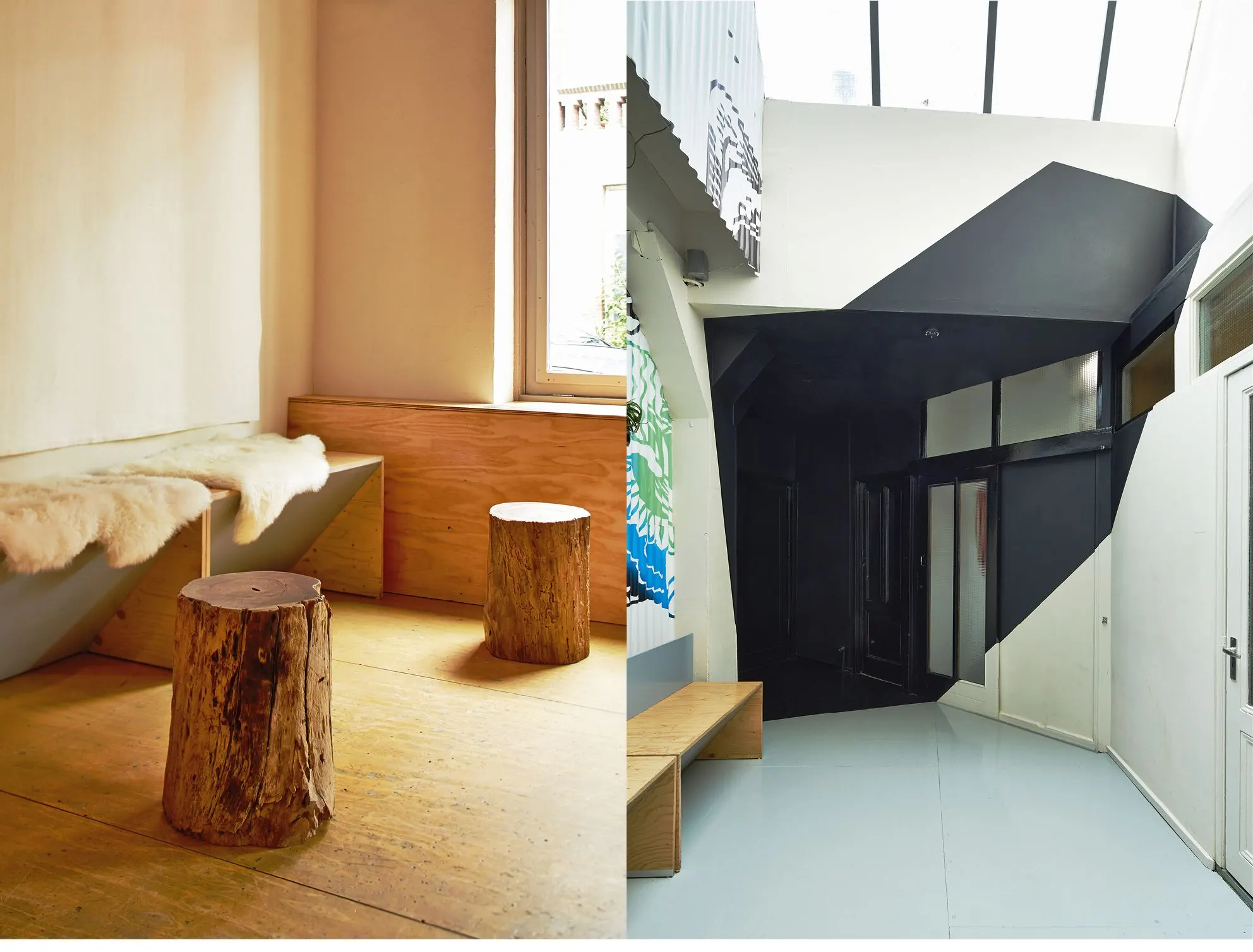 Cosy room with a sheepskin-covered wooden bench and tree-stump stools, beside a dark angular staircase space
