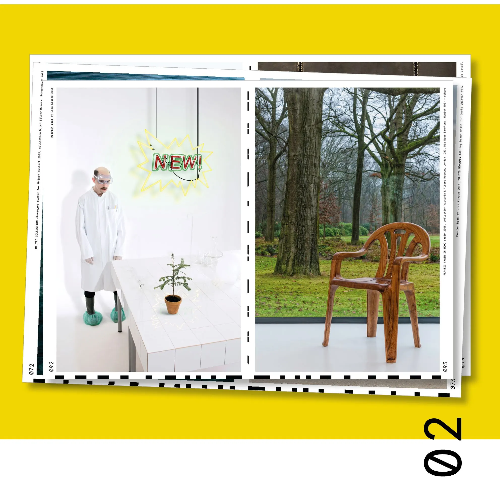 Book spread on a yellow background with a man in a white coat beside a neon sign and a wooden chair in a park