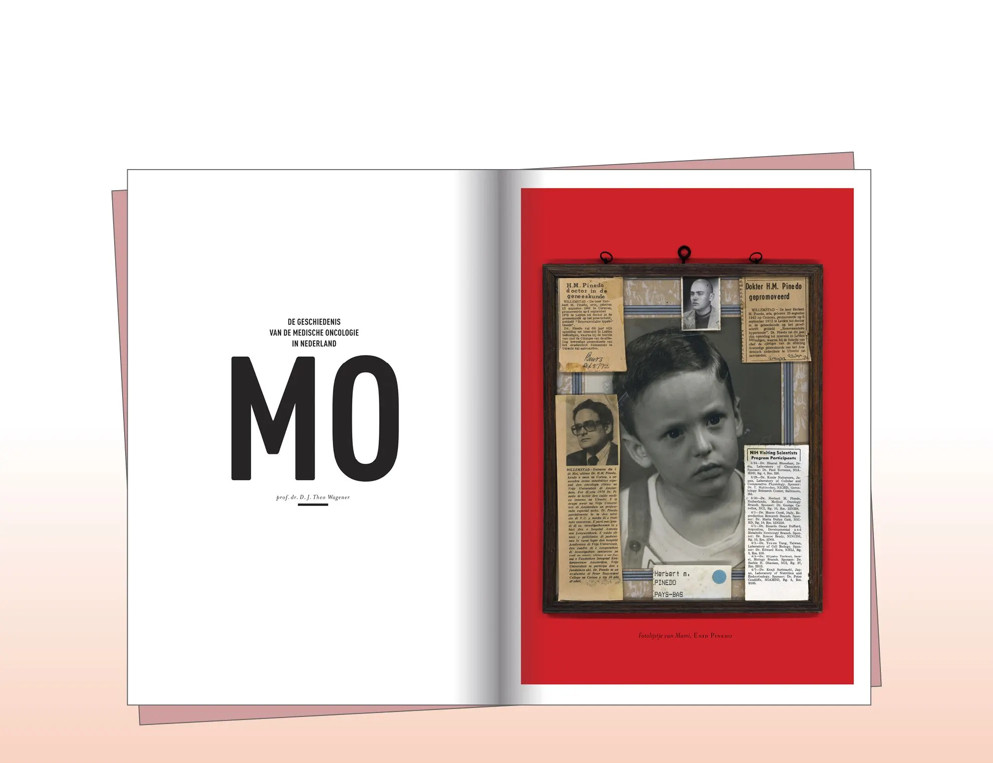 Book spread with a large MO initial and a red page of a collage with newspaper clippings and a boy's portrait