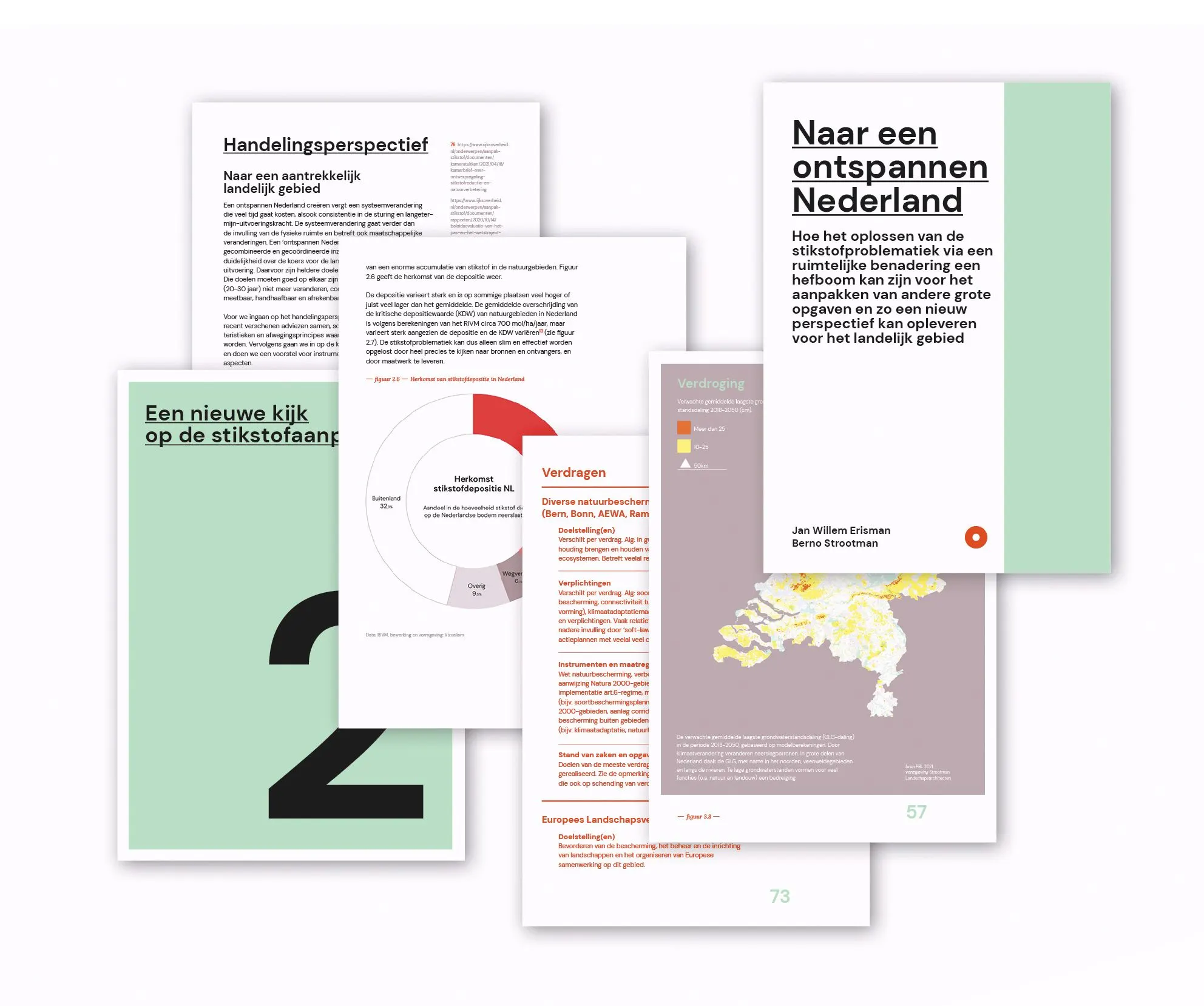 Fanned-out report pages with mint green covers, charts and a map, titled ‘Naar een ontspannen Nederland’