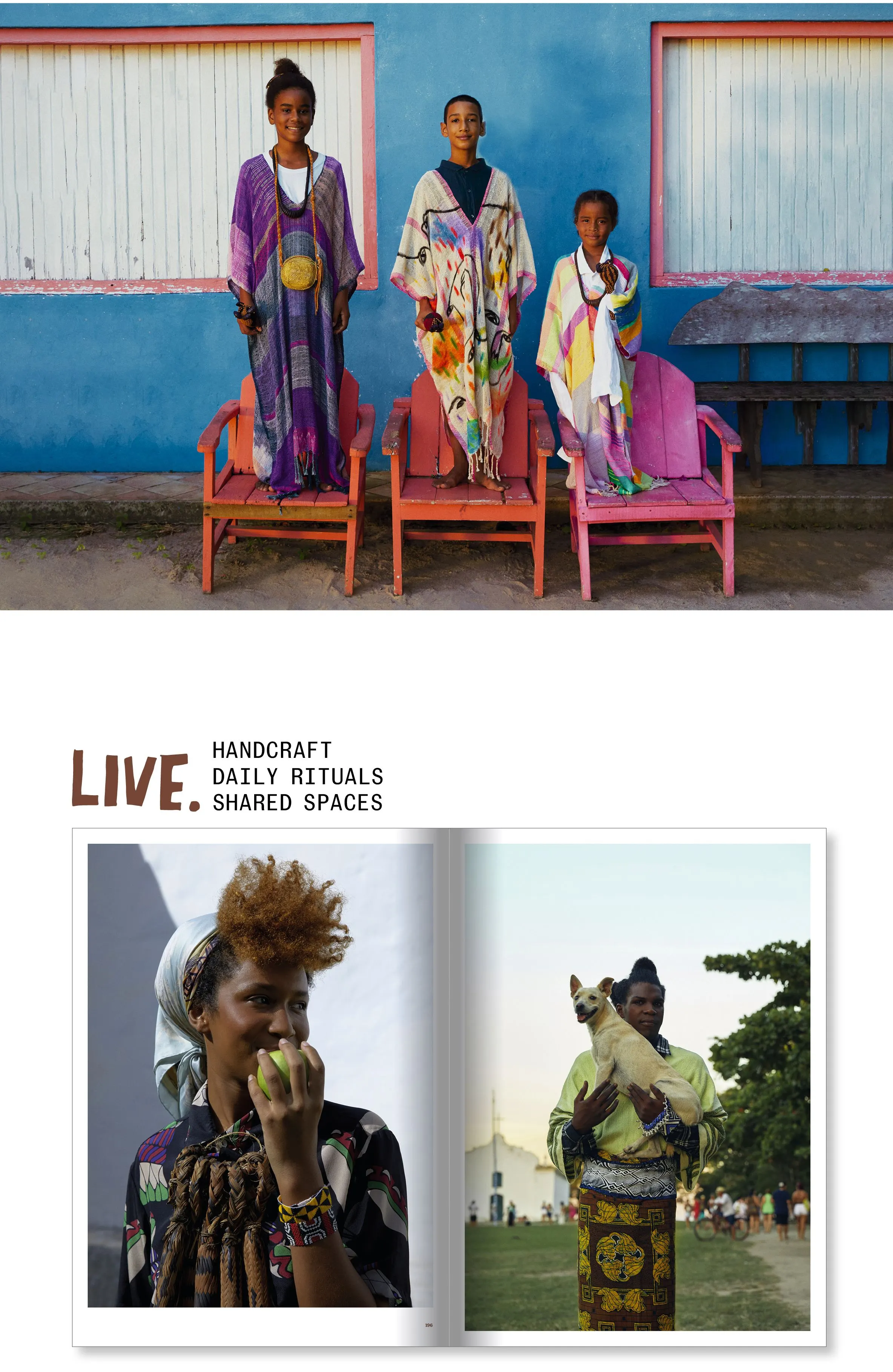 Page headed 'Live. Handcraft, daily rituals, shared spaces' with three people in colourful robes on pink chairs and a spread below