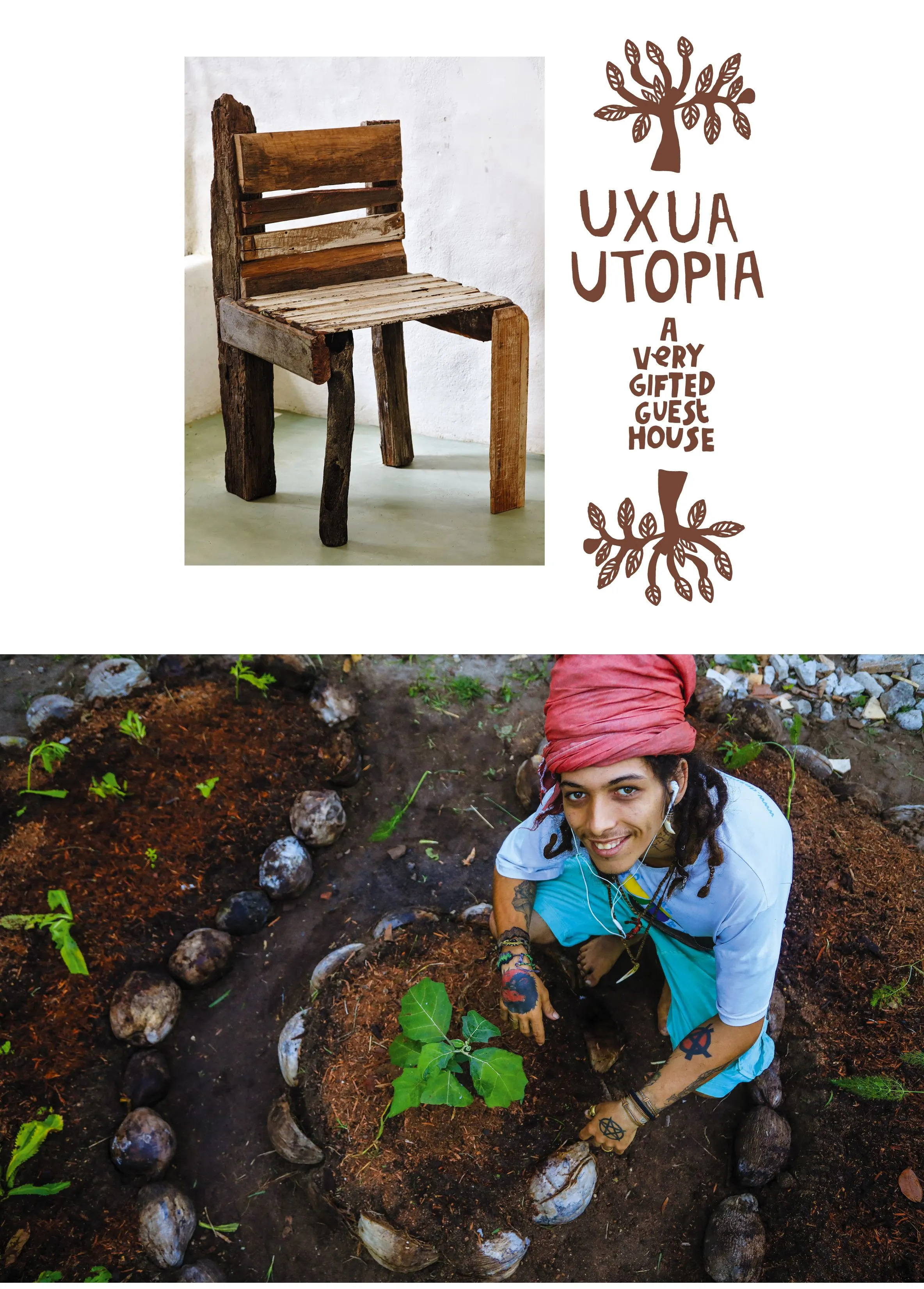Page 'Uxua Utopia, a very gifted guest house' with a rustic wooden chair and a smiling woman planting in dark soil