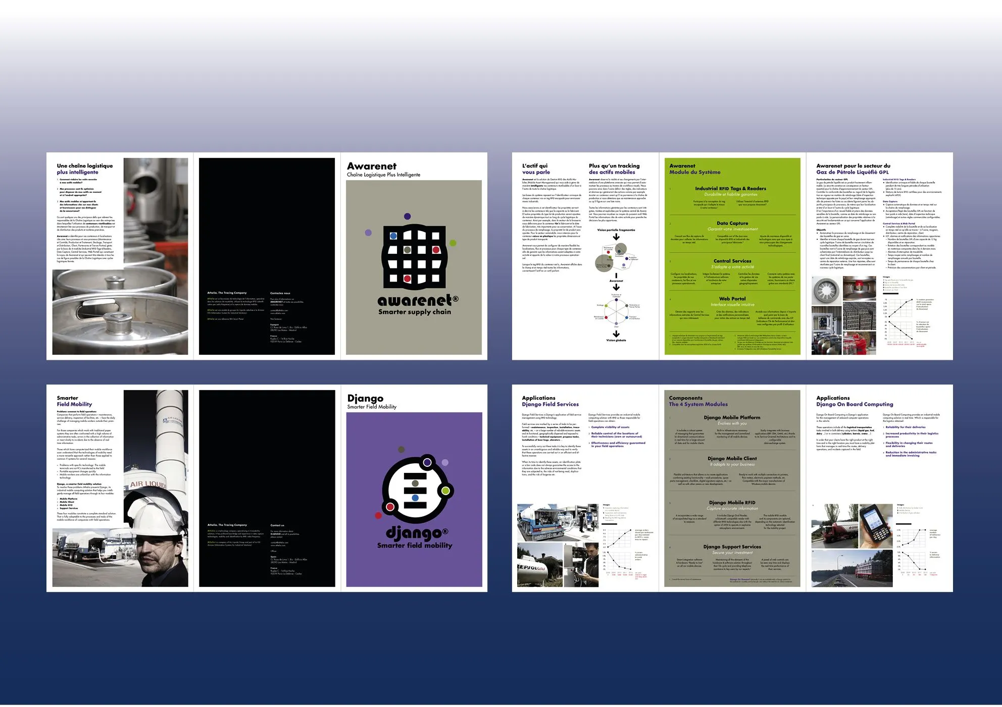 Four brochure spreads for Awarenet and Django products with black, green and purple covers and technical diagrams