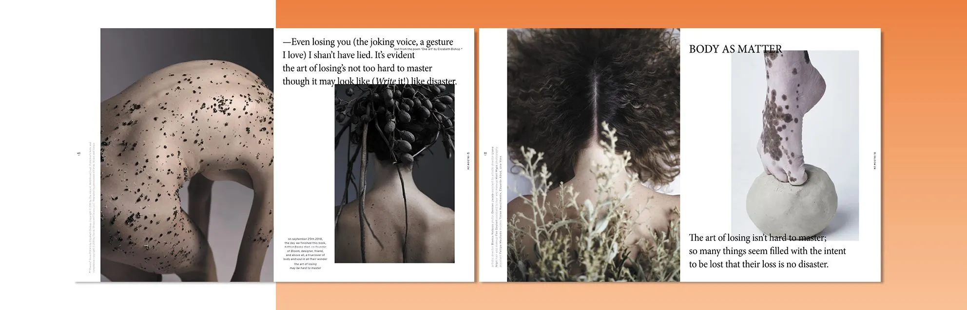 Magazine spreads on an orange background titled Body as matter with photos of textured sculptures and hair-like forms