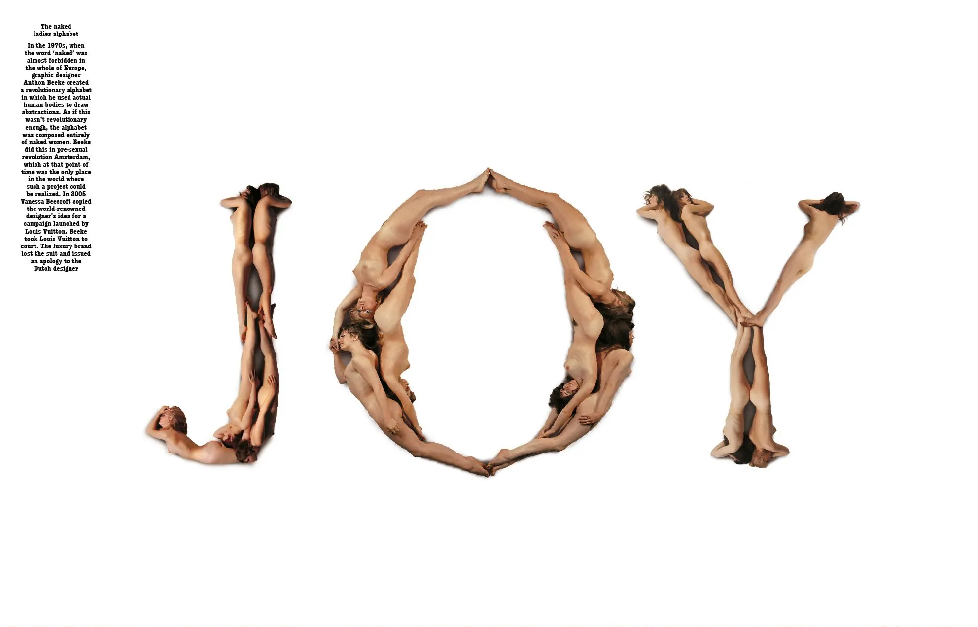 Book page with the word JOY formed by interlaced nude human bodies on white