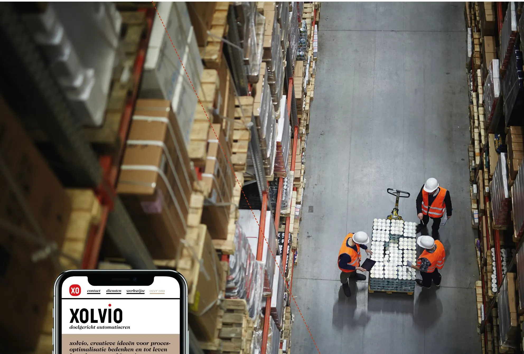 Aerial view of workers with a pallet in a warehouse, with the Xolvio website on a phone screen