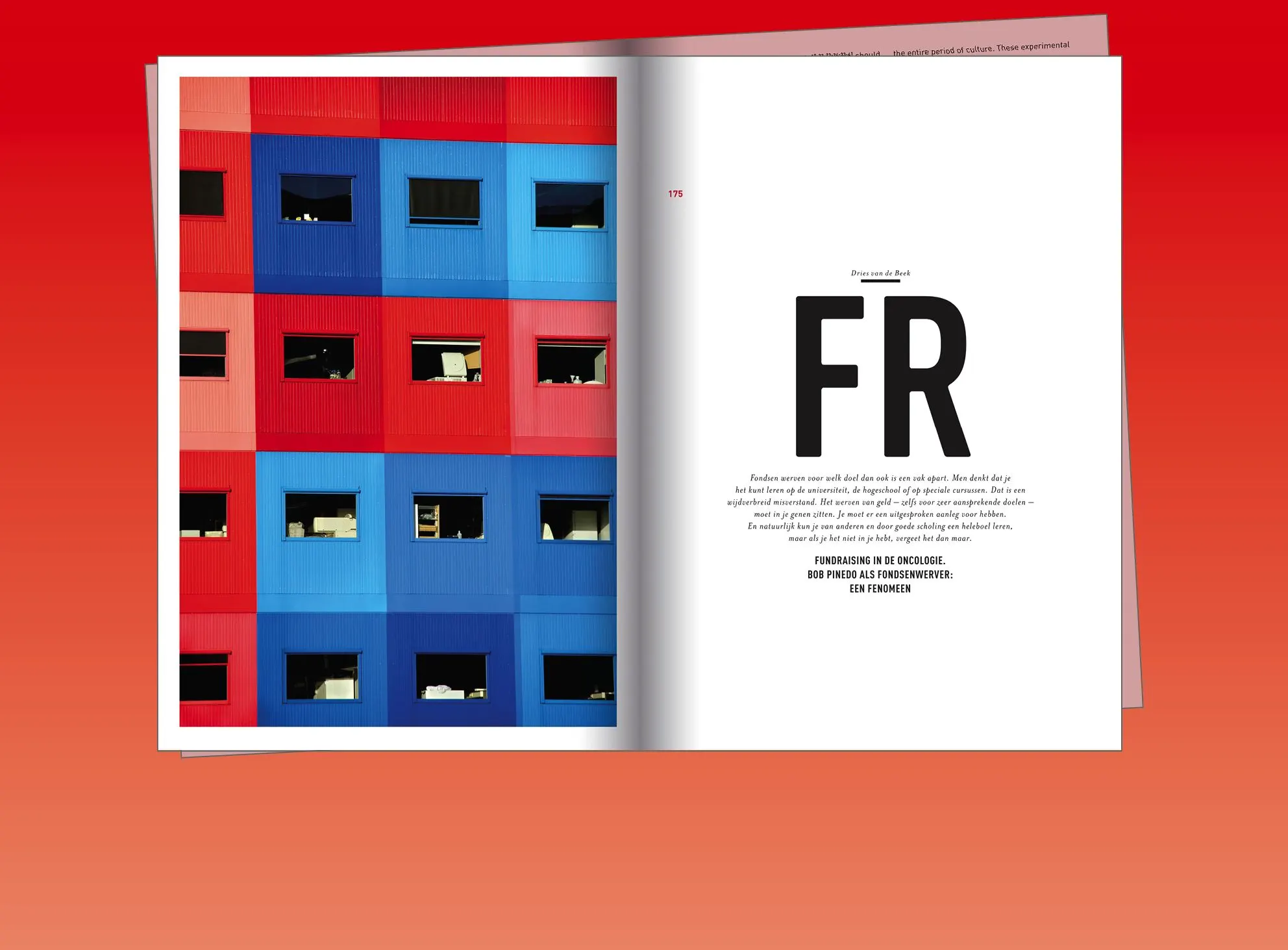 Book spread with a red and blue facade photo on the left and a large FR initial with text on the right