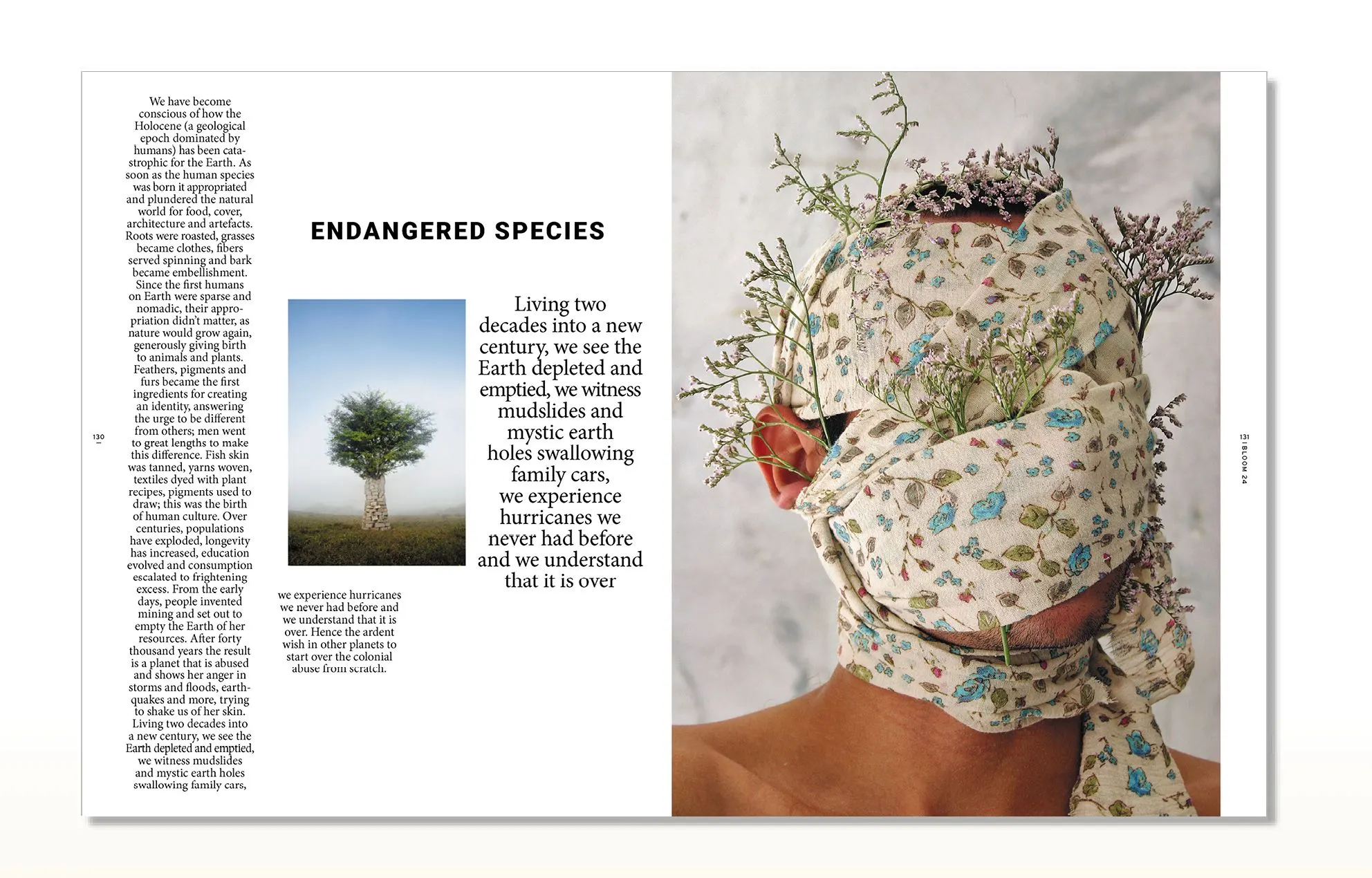 Magazine spread Endangered species with a column of text, a small tree photo and a collage of a face covered in floral fabric