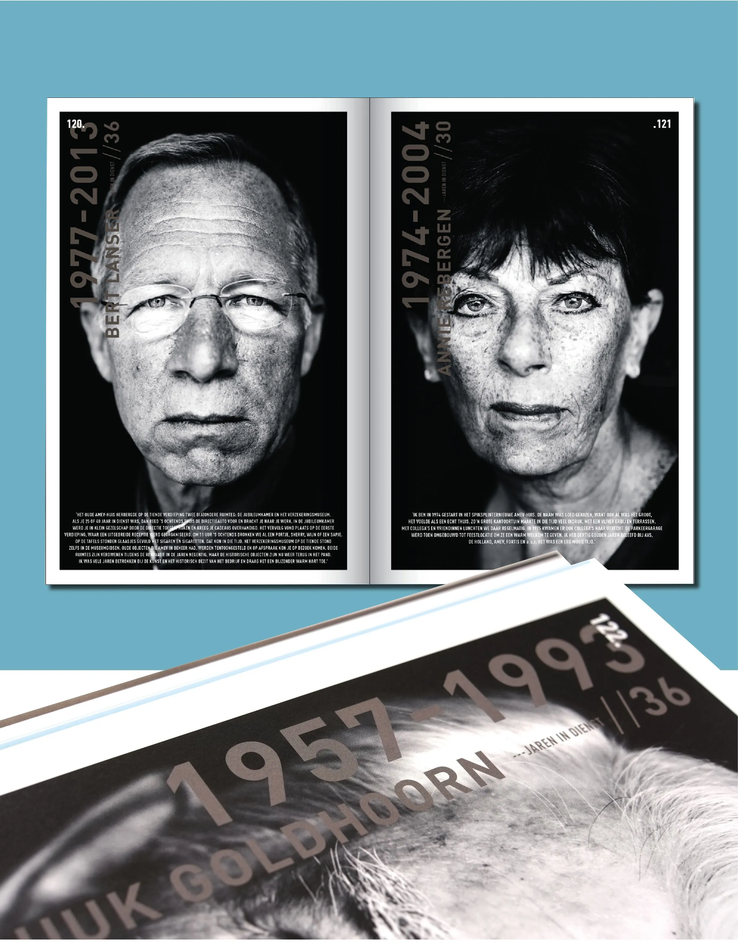 Book spread with two black and white portraits of an older man and an older woman, with years of service, on a blue background