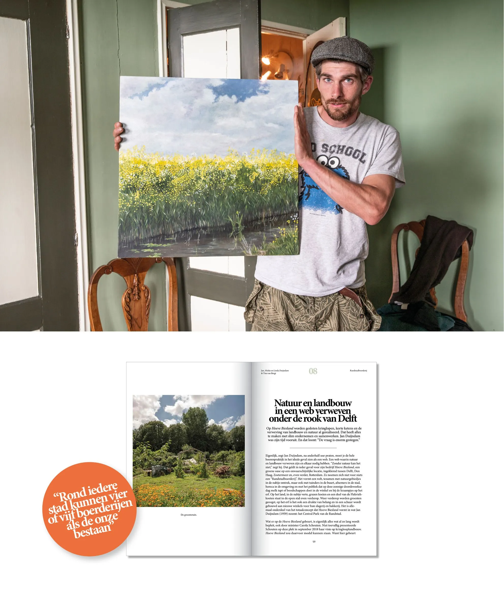 Farmer holding a framed photo of a flowering field, above a book spread and an orange badge with a quote
