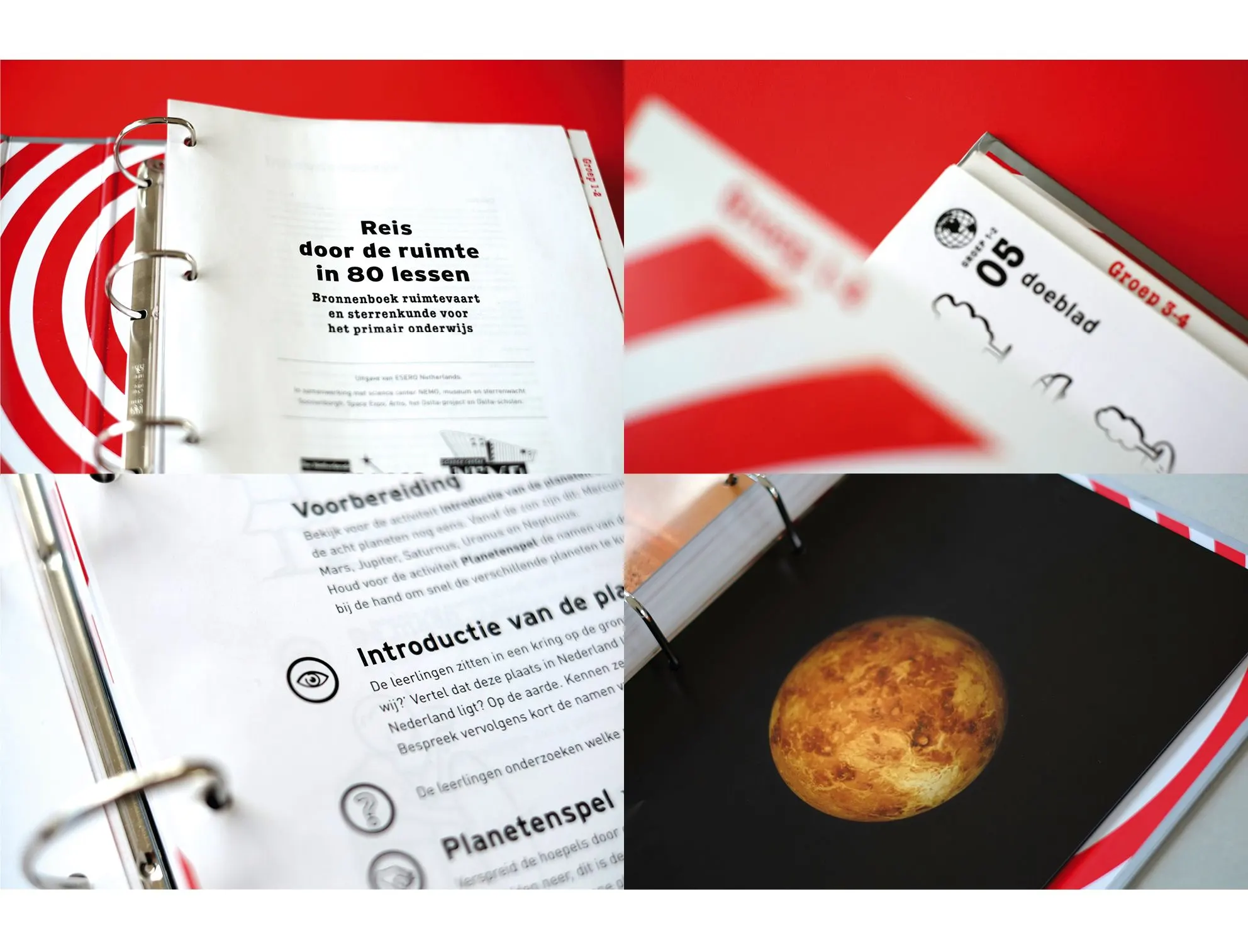 Four close-ups of the lesson binder: title page ‘Reis door de ruimte in 80 lessen’, dividers, lesson text and a planet