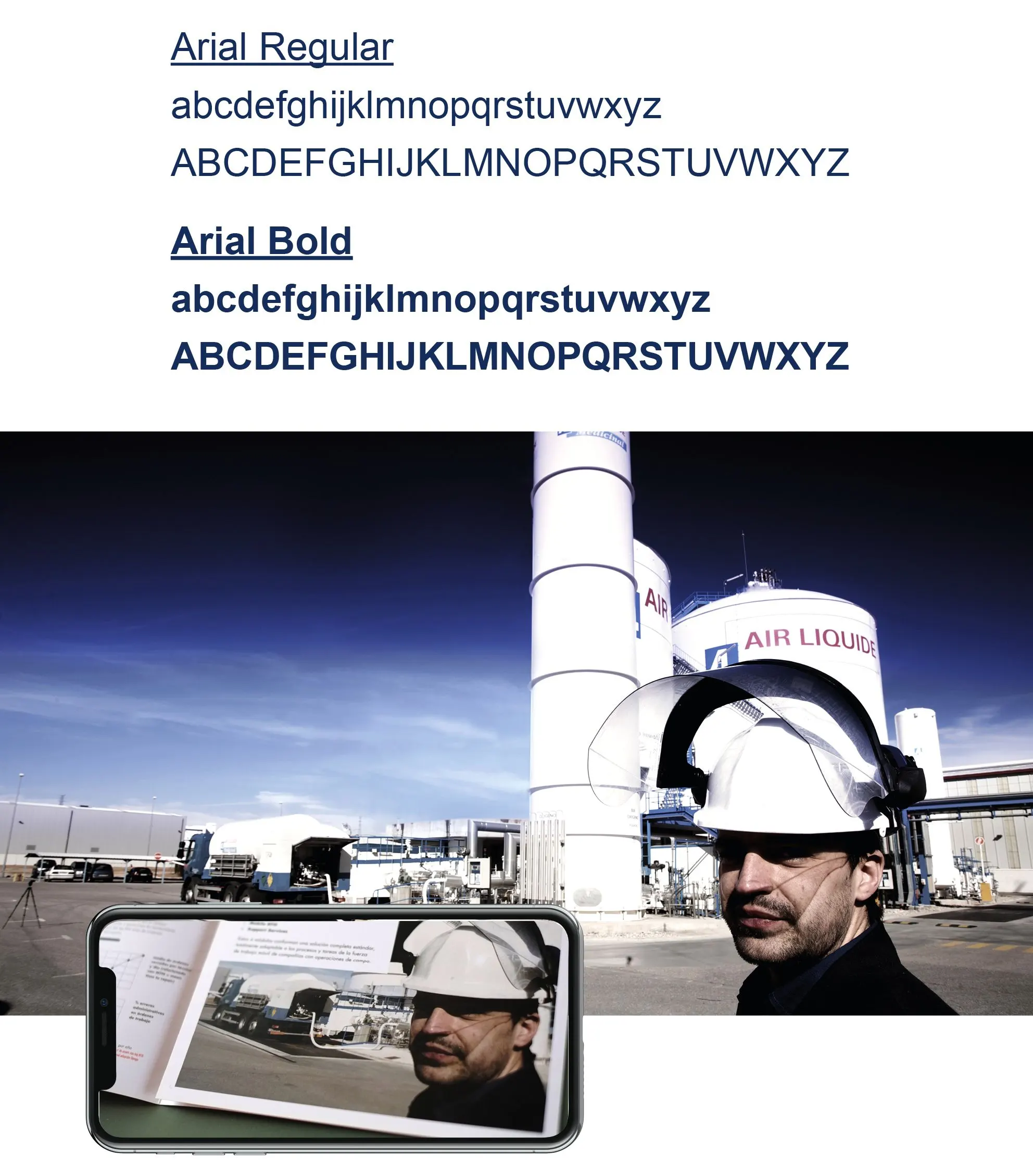 Typography sheet with Arial Regular and Arial Bold alphabets above a worker in a hard hat and a phone showing him