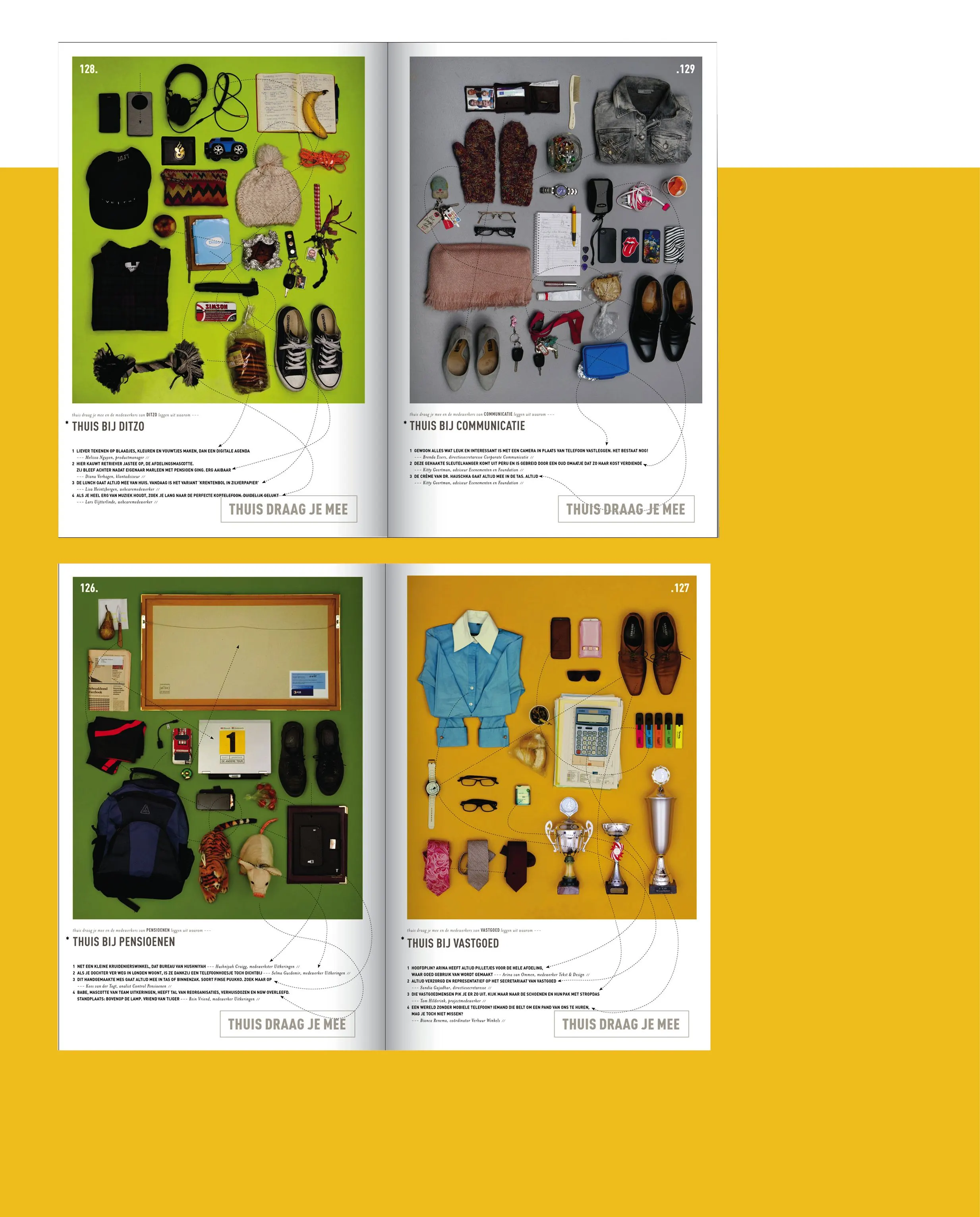 Book spreads on yellow background with flat-lay photos of personal belongings: clothes, shoes, bags and objects