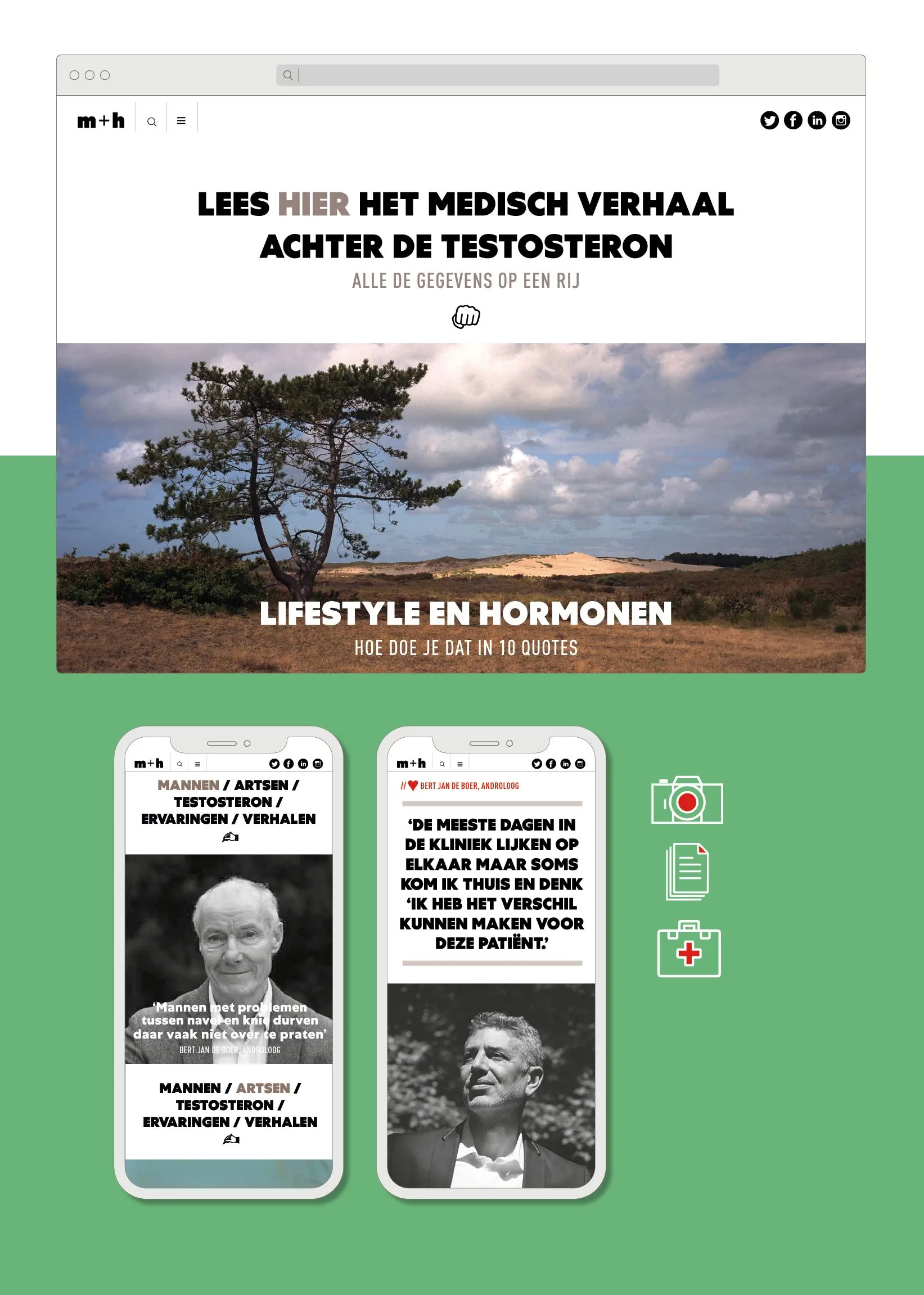 HERMAN website on a green background with the heading Lees hier het medisch verhaal achter de testosteron and two phone screens