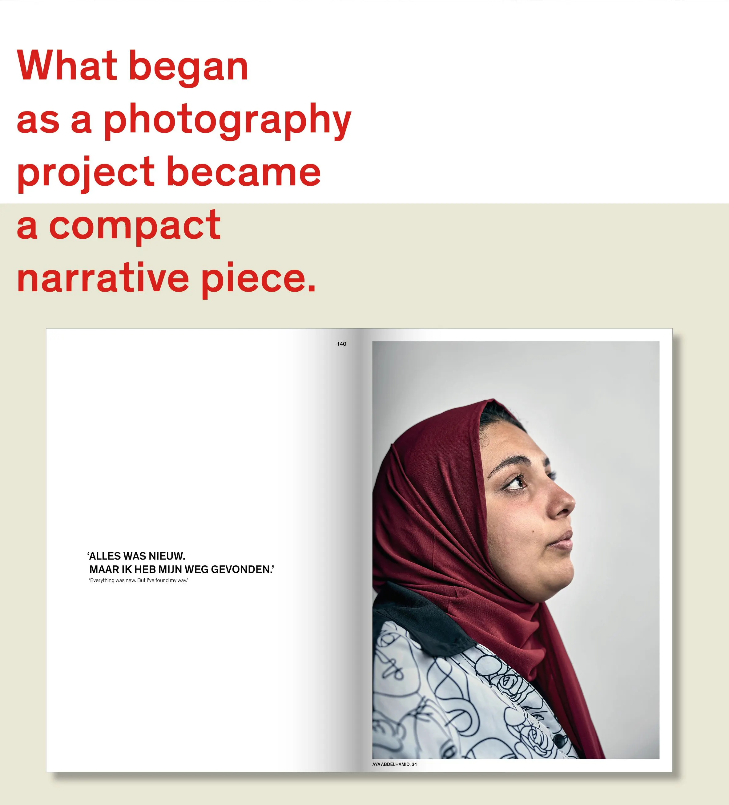 Open Drijfveren publication with a profile portrait of a woman in a red headscarf, beside red text on a photography project