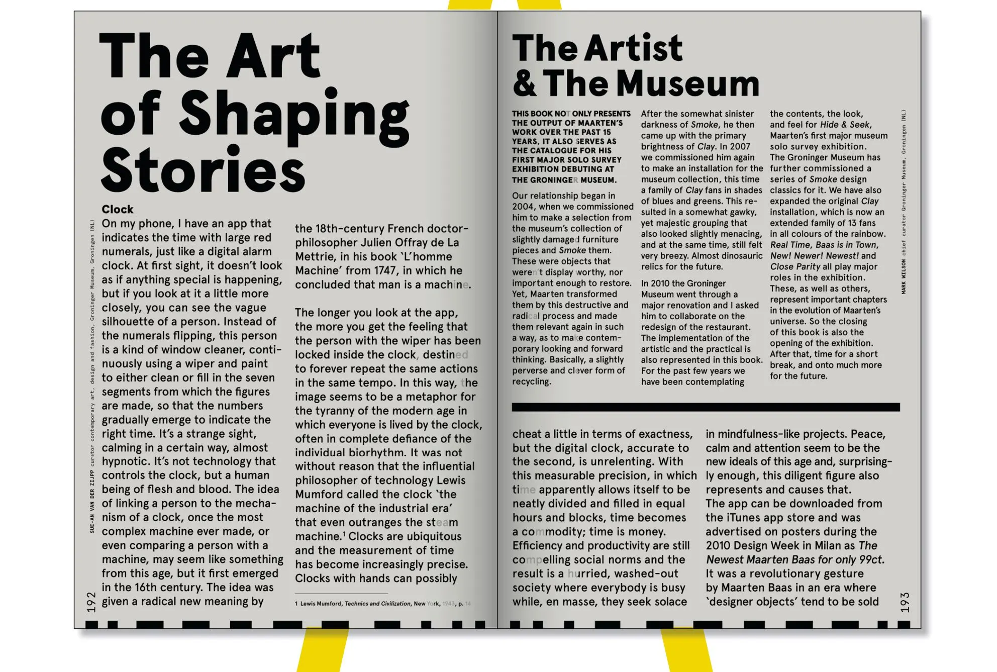 Text-heavy book spread titled The Art of Shaping Stories and The Artist & the Museum